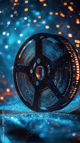 Vintage film reel with golden tape surrounded by bokeh lights in a dark setting