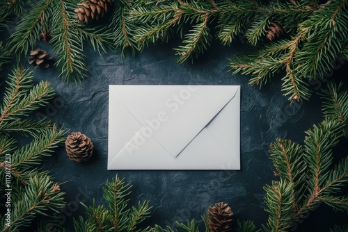 Festive envelope surrounded by pine branches and cones for holiday celebrations
