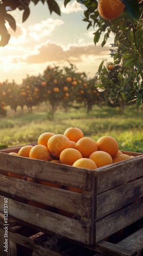 Sunset over an orange orchard with a wooden crate full of fresh oranges being...