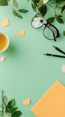 Creative workspace featuring stationary, heart cutouts, and eyewear on vibran...