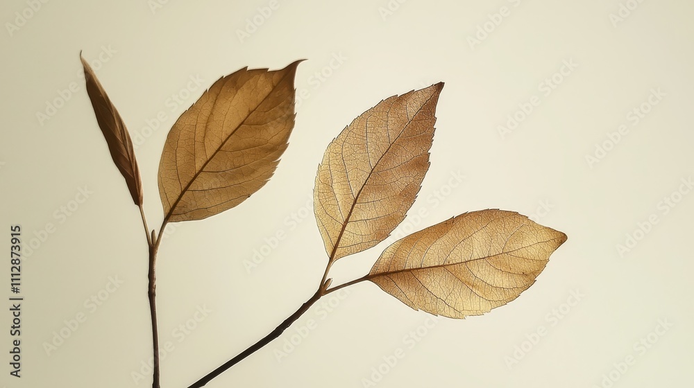 Fototapeta premium A branch with three brown leaves on a white background
