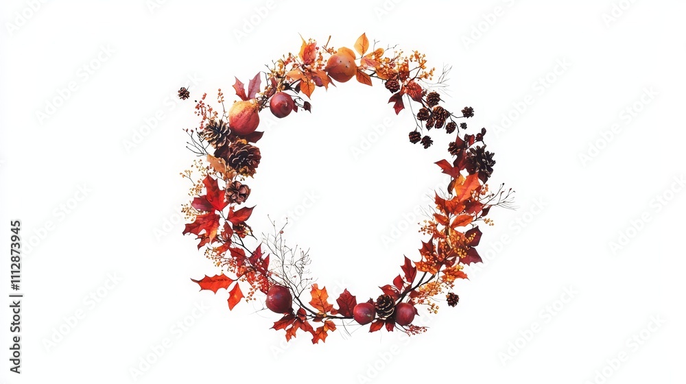 A wreath of autumn leaves and berries on a white background A wreath of autumn leaves and berries on a white background