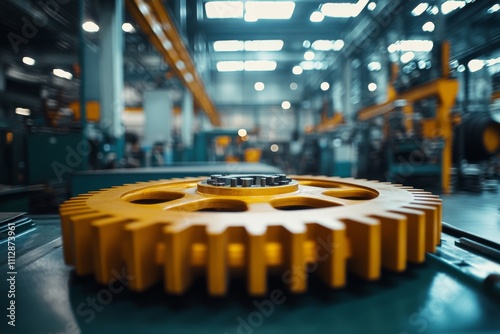 Close view of a large yellow gear in a factory during daytime operations