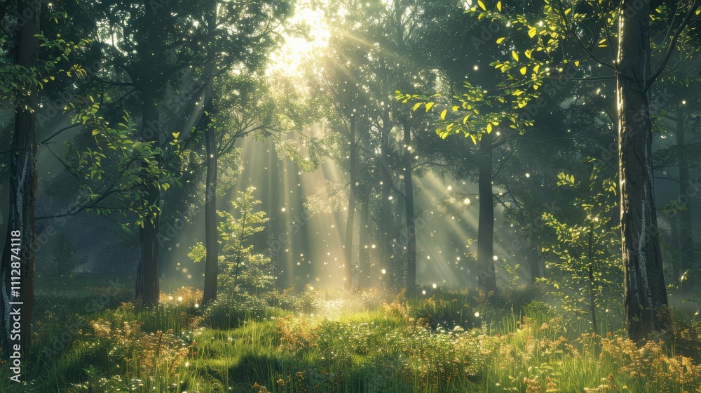 Fototapeta premium A forest scene with sunlight filtering through tall trees, highlighting the intricate details of leaves and branches