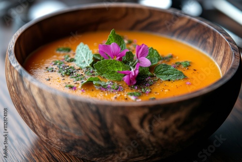 Warm orange soup garnished with fresh herbs and edible flowers in a wooden bowl