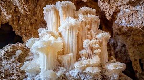 A group of white mushrooms growing out of a rock photo