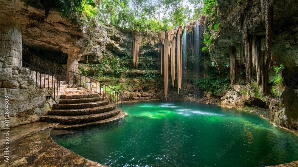 Naklejka premium A small pool in the middle of a cave surrounded by trees