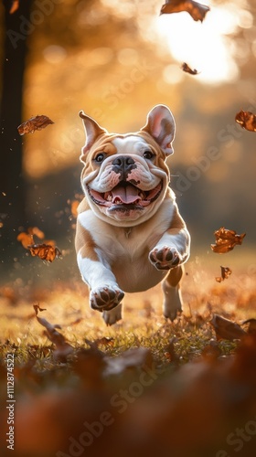 Happy dog jumps through colorful autumn leaves in a vibrant outdoor setting