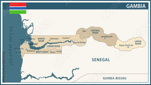 Gambia Map Vector Vintage Dark Blue Beige - Customizable layered political map of Gambia with administrative divisions for website, education, reports, news, politics, print, poster and wallpaper