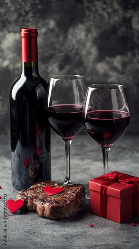 Romantic dinner with red wine and steak for a special occasion