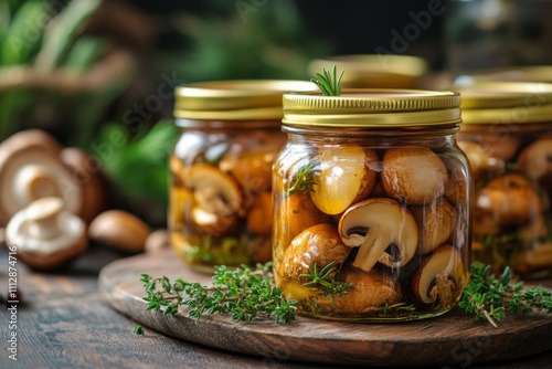 Mushrooms preserved in jars on wooden board garnished with herbs in rustic ki...