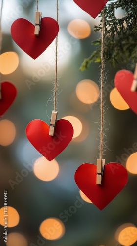 Red paper hearts hanging on string with blurred lights in the background duri...