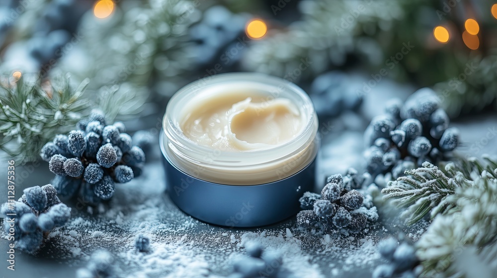 Jar of cosmetic face cream in winter setting Jar of cosmetic face cream in winter setting