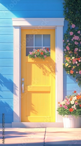 Charming yellow door on a bright blue house adorned with flowers and greenery
