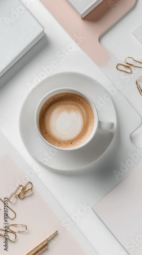 Elegant coffee cup on a minimalist desk with stationery and paper accessories