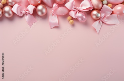 Cute rabbits surrounded by colorful eggs on a soft pink background for spring...