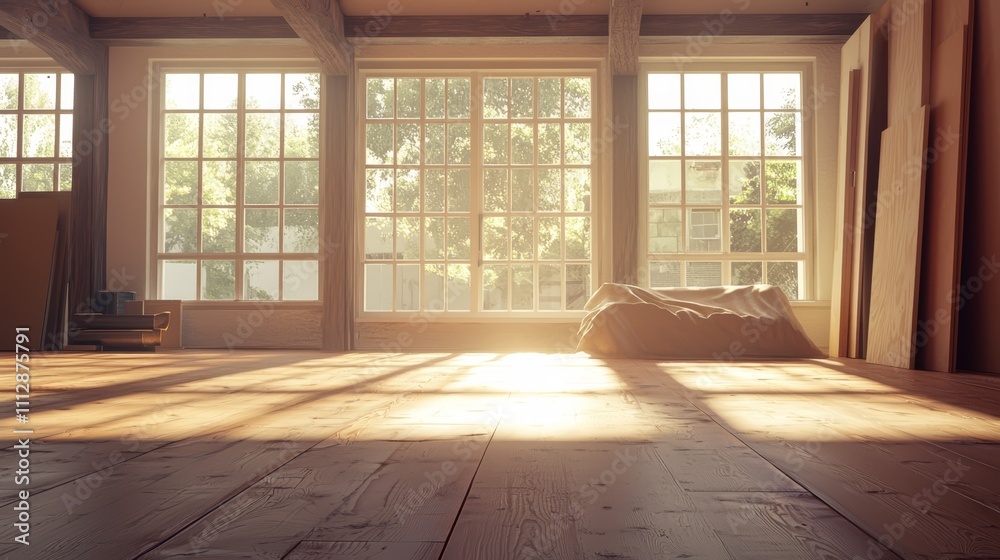 Fototapeta premium A room with wooden floors and large windows
