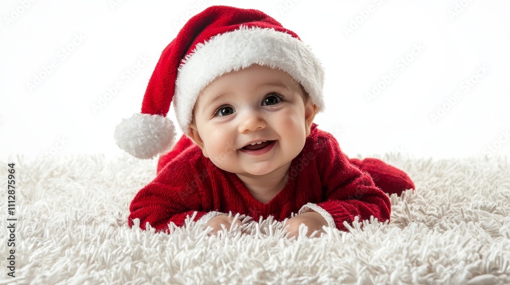 A baby in a santa hat laying on a white rug A baby in a santa hat laying on a white rug