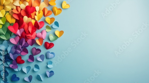 Colorful paper hearts arranged on a blue background for decoration and craft ...