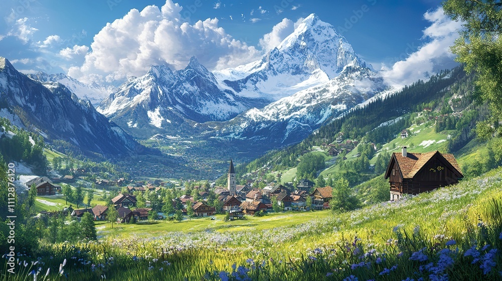 Fototapeta premium A picturesque alpine landscape with snow-capped mountains, green valleys, and charming chalets.