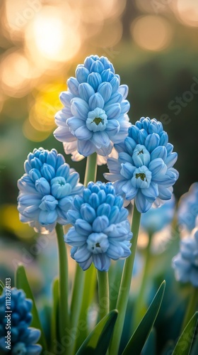 Beautiful blue hydrangea flowers blooming in a serene garden setting during s...
