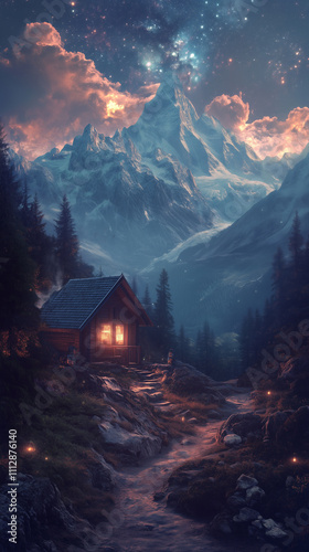 Phone background: cozy cabin in front of a mountain, with a beautiful night sky featuring stars and clouds, surreal atmosphere, 