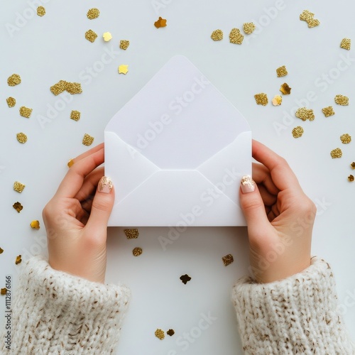 Hands holding an envelope with a golden star background in a cozy setting