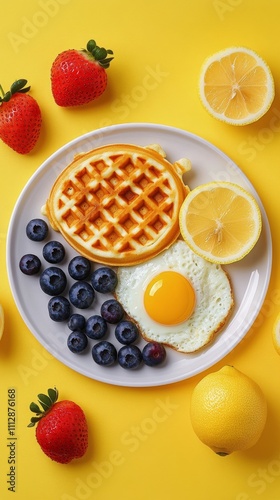 Delicious waffle breakfast topped with lemon, berries, and a fried egg on a v...