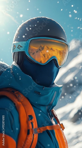 Winter adventure in the mountains with a skier wearing protective gear and vi...