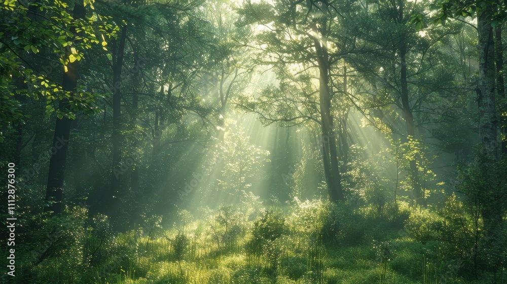 Obraz premium A forest scene with sunlight filtering through tall trees, highlighting the intricate details of leaves and branches