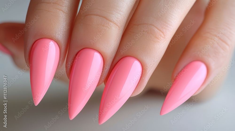 A woman's hand with bright pink nails on a white background A woman's hand with bright pink nails on a white background