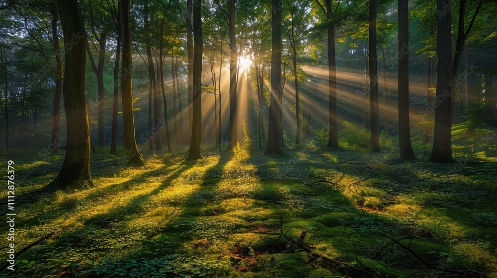 Fototapeta premium A forest scene with sunlight filtering through tall trees, highlighting the intricate details of leaves and branches
