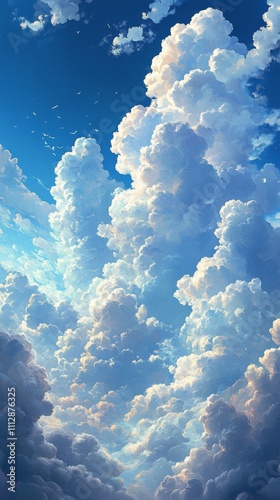 Majestic fluffy clouds towering against a bright blue sky on a sunny day