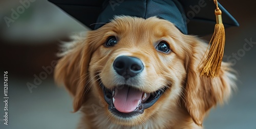 Golden retriever puppy celebrates graduation with cap and joyful expression