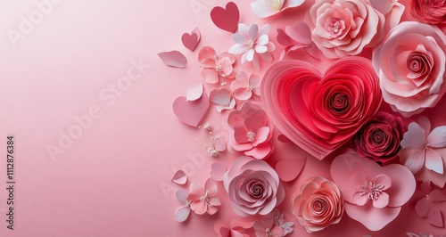 Heart shaped arrangement of pink paper flowers with delicate leaves on a soft...