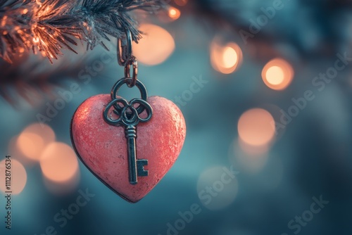Heart shaped lock hanging from a chain surrounded by soft pink bokeh lights
