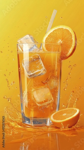 Refreshing orange drink with splash and citrus slices on vibrant yellow backg...