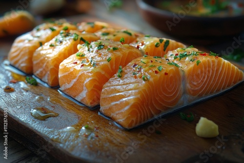 Fresh salmon slices prepared with herbs and spices on wooden board at a rusti...