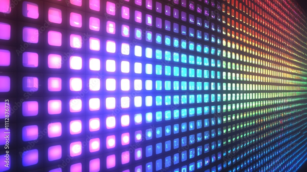 A wall of colorful lights in a dark room A wall of colorful lights in a dark room