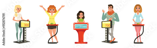 Tv Quiz Game with People Character Players Vector Set