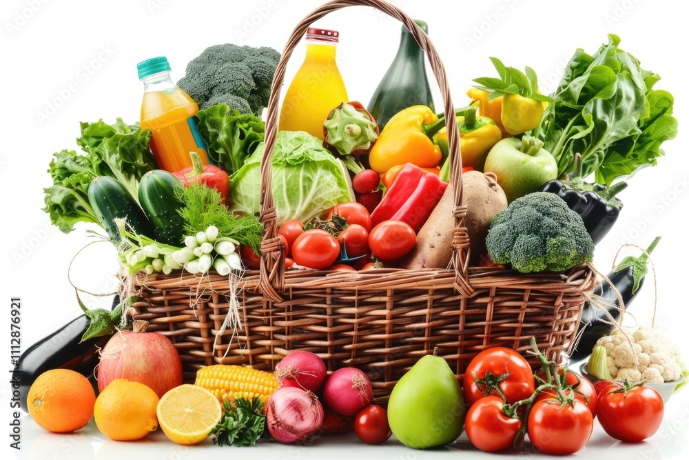 Grocery Basket. Variety of Food and Produce in Shopping Market Basket Grocery Basket. Variety of Food and Produce in Shopping Market Basket