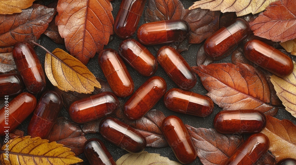 A pile of brown pills sitting on top of a pile of leaves A pile of brown pills sitting on top of a pile of leaves