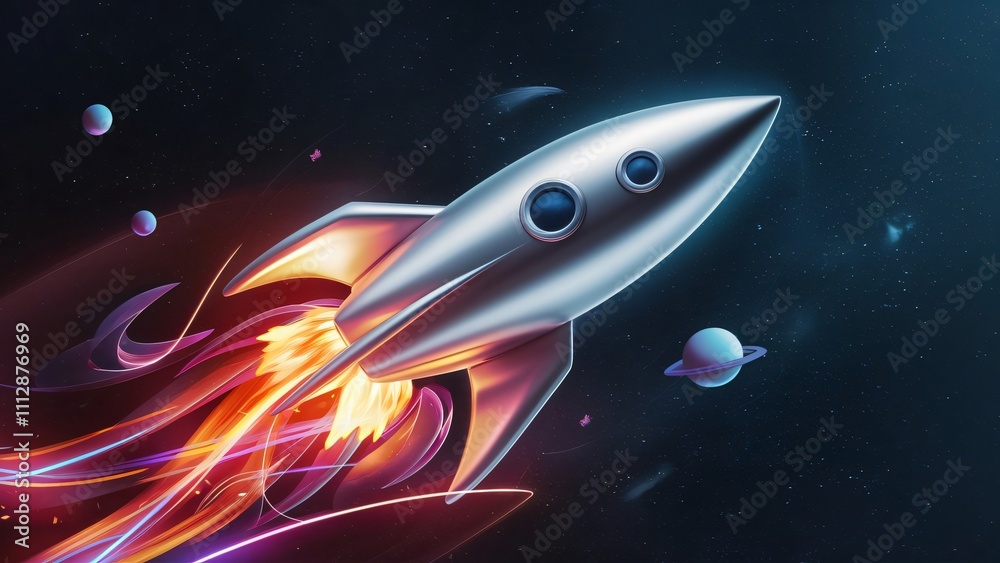 Retro Rocket Launching into Space, Futuristic AI Art Retro Rocket Launching into Space, Futuristic AI Art