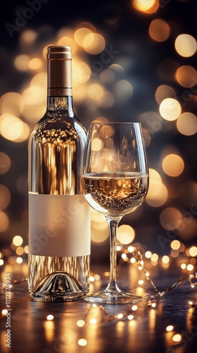 Sparkling celebration with champagne bottle and flute surrounded by golden bo...