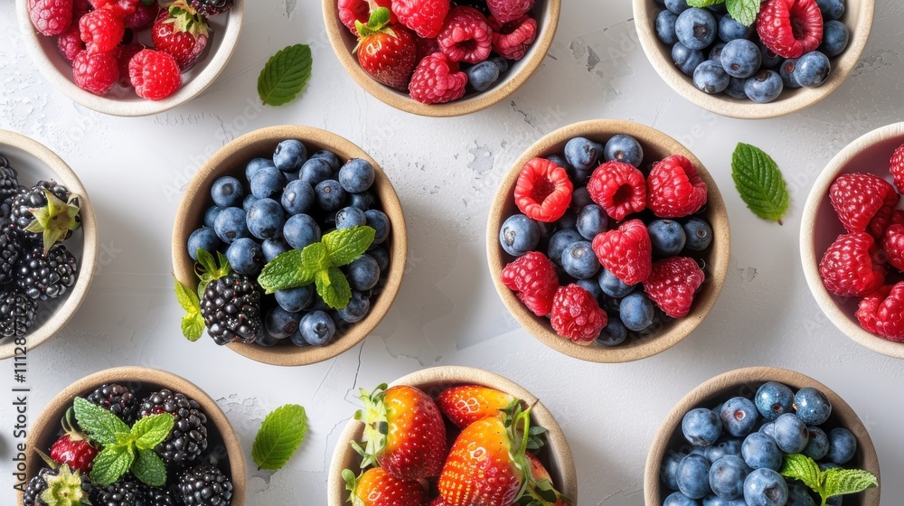 A selection of colorful, fresh berries, displayed in small bowls on a white table. Sweet, nutritious, and delicious A selection of colorful, fresh berries, displayed in small bowls on a white table. Sweet, nutritious, and delicious