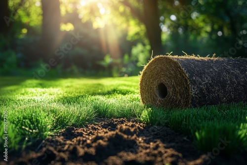 Laying fresh sod in a bright garden during golden hour sunshine