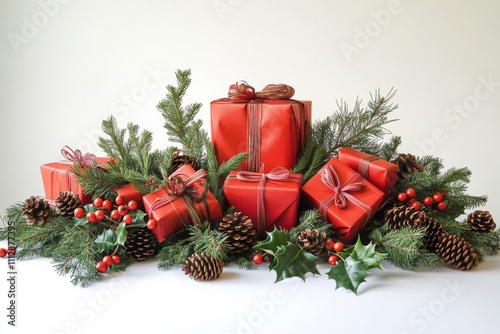 Festive red gifts arranged with greenery and pinecones for holiday celebration