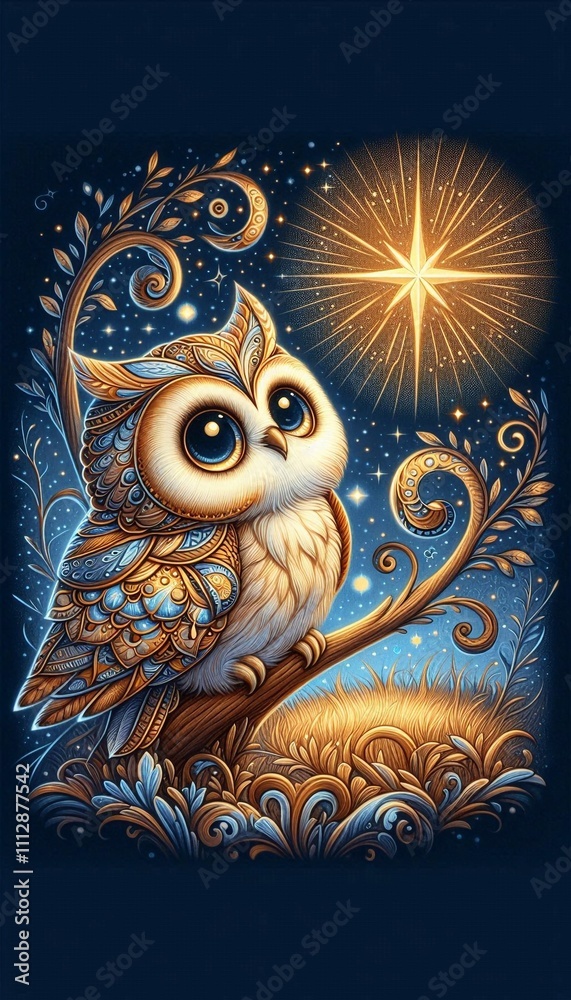 Naklejka premium Dreamy Owl Under the Evening Star in an Enchanted Forest
