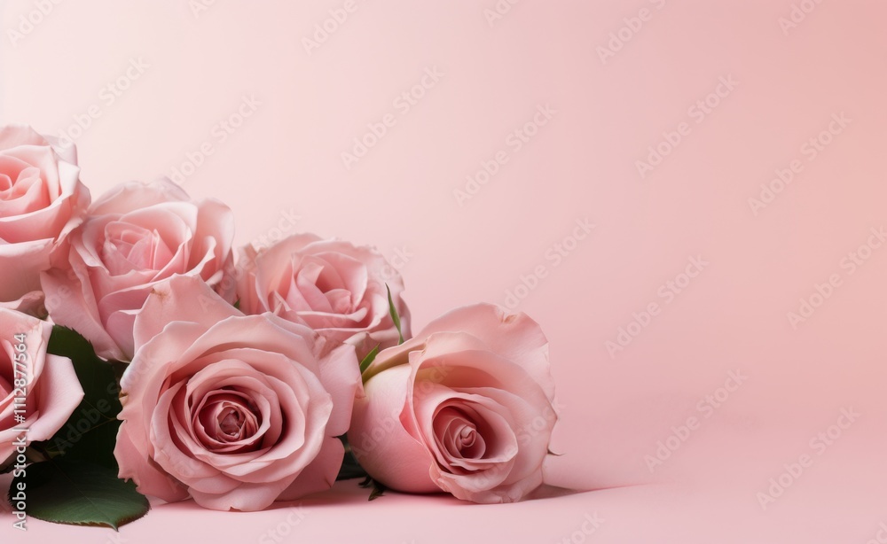 Fototapeta premium Elegant pink roses arranged on a soft pink background showcasing beauty and grace