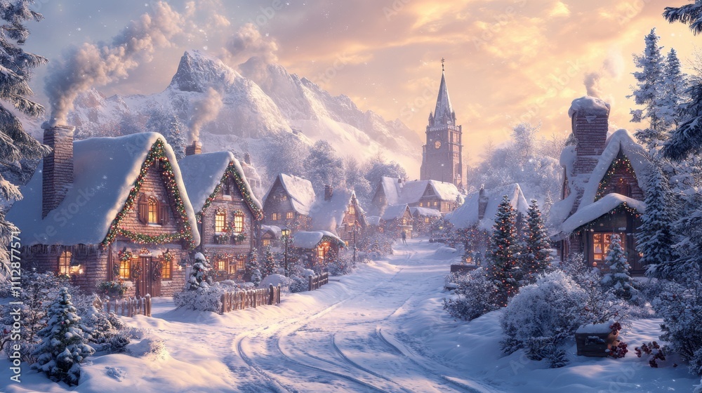 A picturesque snowy village scene at twilight, evoking a cozy winter atmosphere. A picturesque snowy village scene at twilight, evoking a cozy winter atmosphere.